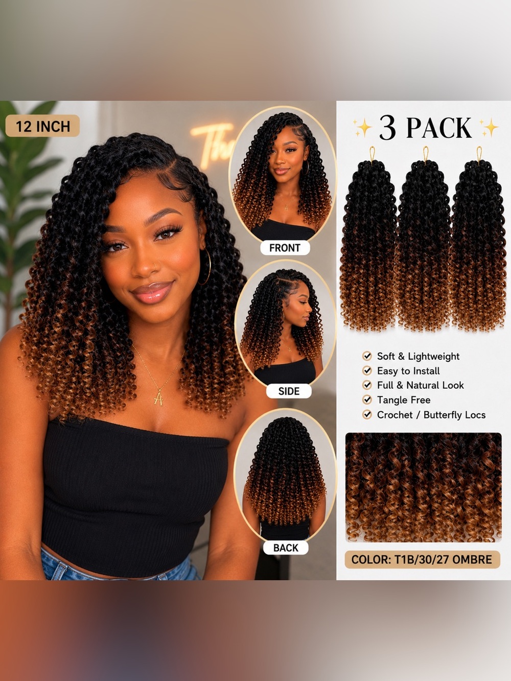 3pks 12” Ombré Jamaican Bounce Ringlet Wand Curl Crochet Braids